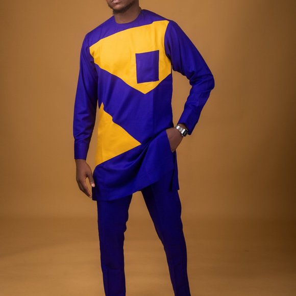 blue yellow bazin african men's suit - Picture 5 of 5